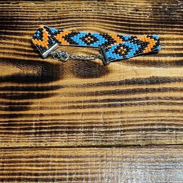 Black Blue Orange Peyote Hand Made Bracelet - Crafted with Colorful Beads and Chain Closure
