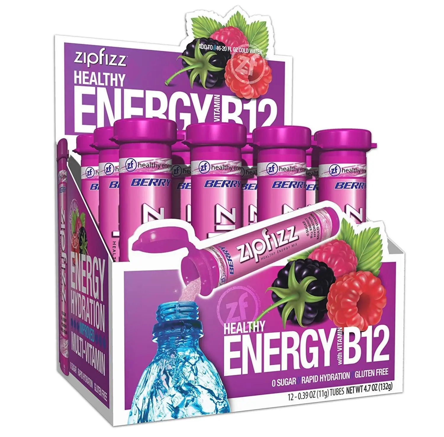 Zipfizz Daily Energy Drink Powder Berry 12 Pack 3-in-1 Sustained Energy Rapid Hydration Essential Vitamins Sugar-Free Electrolyte Powder with Vitamin B-12 & Antioxidants