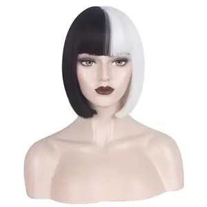 Black and White Wig for Girls Women Costume - Short Bob Half Black Half White Wig with Bangs for Daily Party Cosplay High-Quality Heat Resistant Material Adjustable Elastic Band Breathable Rose Inner Net