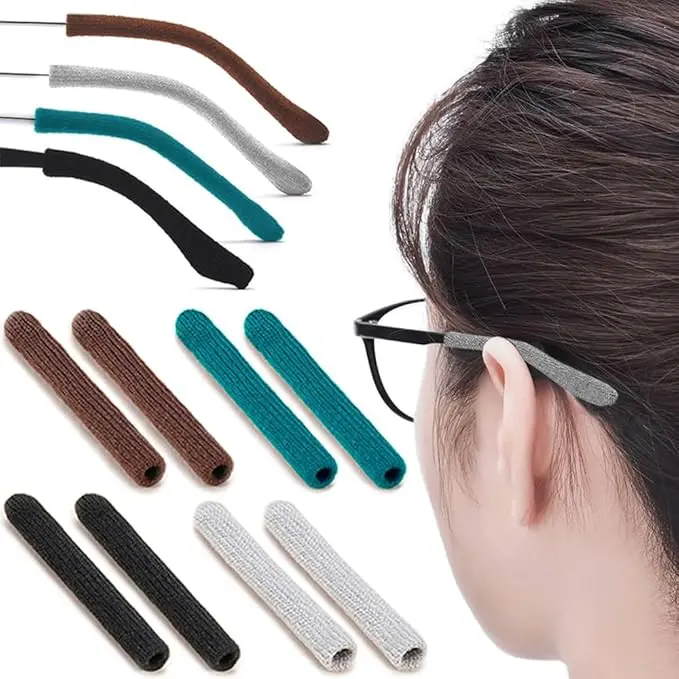 Unisex Adjustable Size 4-Pair 90% Cotton Blend Glasses Earpads - Anti-Slip Knit Temple Sleeves Tips, Lightweight Gentle-Touch Pads, Multi-Size Grips, Match Styles, Beach & Back-to-School Eyewear Accessory, All-Day Behind-the-Ear Wear, Solid Colors