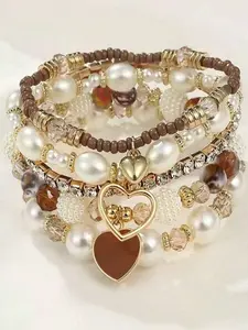 5 Pcs Set Pearl & Crystal Beads Bracelets For Women, Fashionable & Versatile Stacked Bracelets