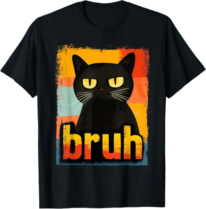 Men's Short-Sleeve Round Neck Cotton Shirt - Menswear, Sassy Funny Bruh Meme Print, Cat Lover Cartoon T-Shirts, Soft Retro Casual Colorful Streetwear Statement Top