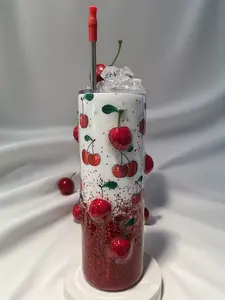 3D Cherry Glittered Drinkware Tumbler, Lid topper, Stainless Steel w/Straw Insulated Leakproof Bottled