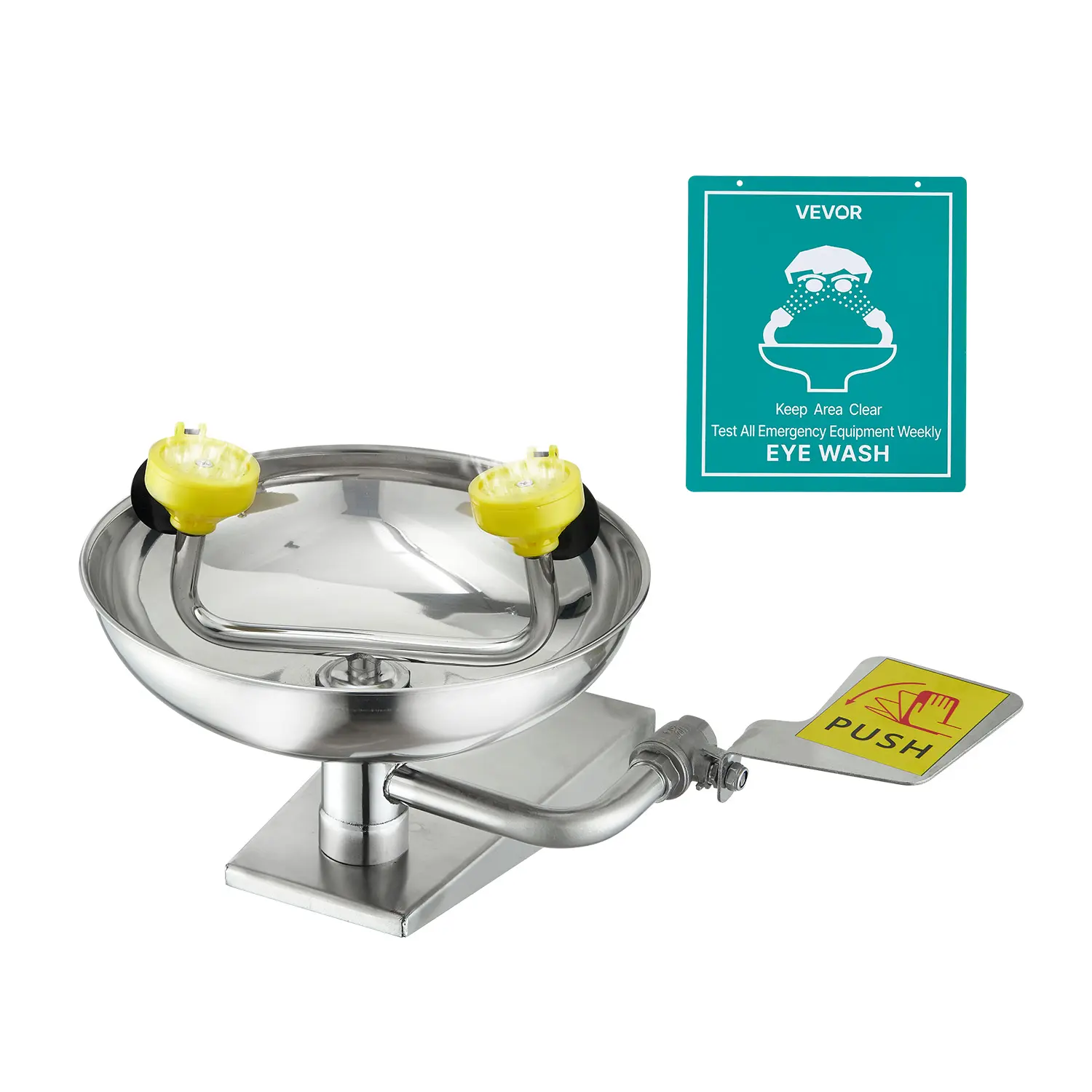 VEVOR Wall-Mount Stainless Steel Emergency Eye Wash Station, 16.14x12.99x9.45in First Aid Sink with ABS Coating, Corrosion Res., Trapezoid Base, Easy Install, Bright Visible Signage, All Necessary Accessories, Ideal for Labs (Indoor & Outdoor Use)