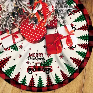 Red Buffalo Plaid 48 Inch Christmas Tree Skirt Mat with Merry Christmas Signs for Indoor Outdoor Christmas Holiday Party Decorations