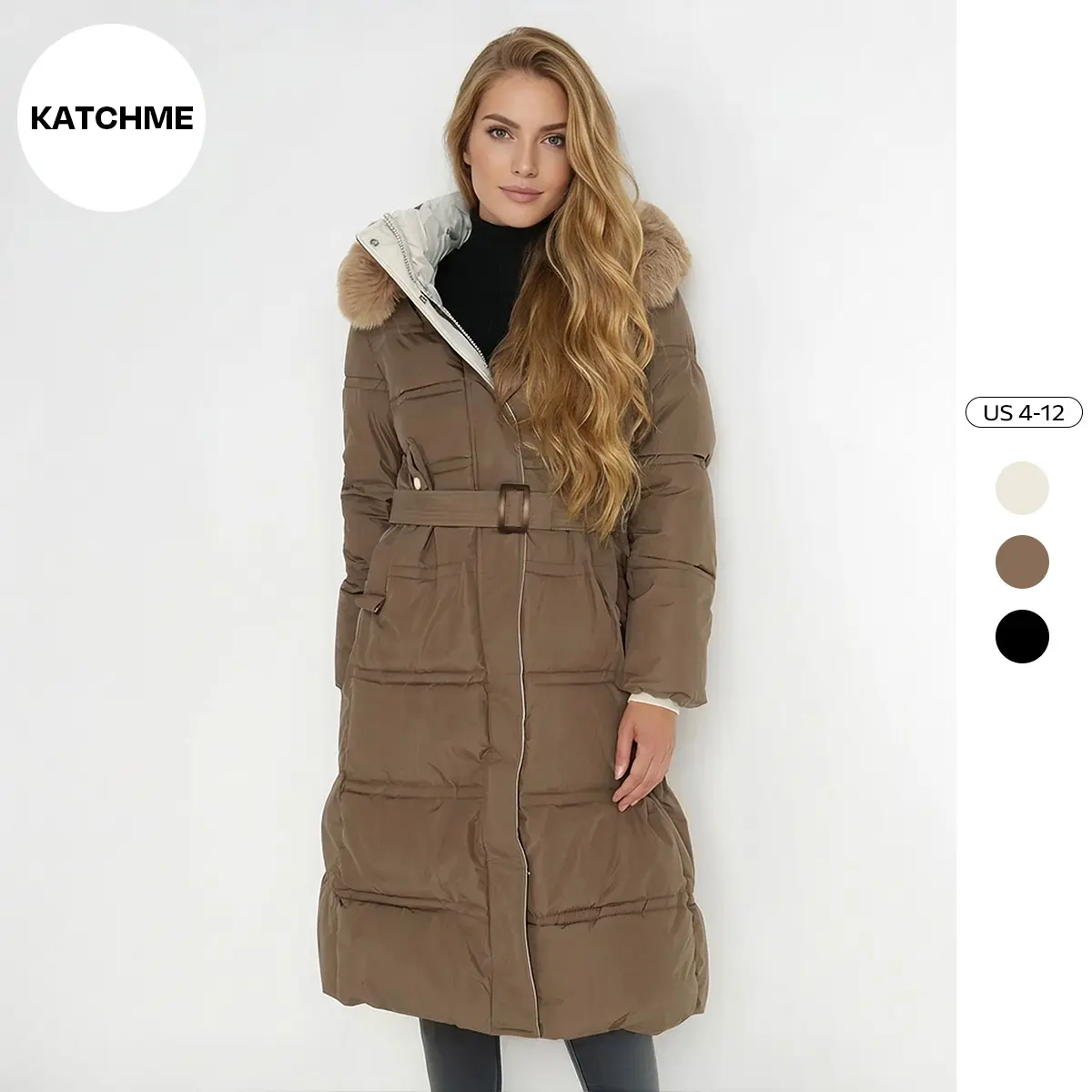 Katch Me Chic Women's Elegant Fuzzy Hooded Waist Tie Long Sleeve Thermal Outerwear, Fall & Winter Comfy Coats Outfit, Cozy Mid-Length Thick Jackets