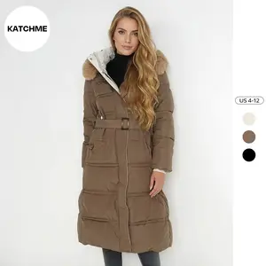 Katch Me Chic Women's Elegant Fuzzy Hooded Waist Tie Long Sleeve Thermal Outerwear, Fall & Winter Comfy Coats Outfit, Cozy Mid-Length Thick Jackets