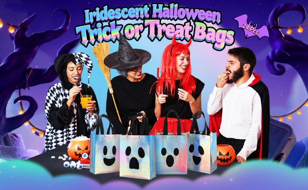 24Pcs Halloween Candy Bucket Holographic Gift Bags Halloween goodie Bags Halloween Candy Bags Party Goodie Bags with Ghost Pumpkin Trick or Treat Bags for Teacher Students Office Employee Coworker,Halloween Birthday Party Favor Supplies