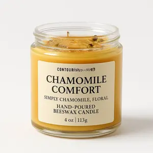 Contour Chamomile Comfort Candle - Simply Chamomile Floral Scented Hand Poured Beeswax 4 oz Jar Decor Ornaments Decoration Minimalist Flower Light Aroma Kitchen Wick Tin Glass
