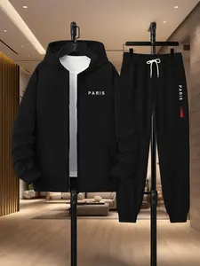 2-Piece Autumn/Winter Men's Casual Minimalist Jacket &Drawstring-Waist Pants Set with Paris Print -EssentialEveryday Wear, Comfortable Men's Two-Piece Outfit