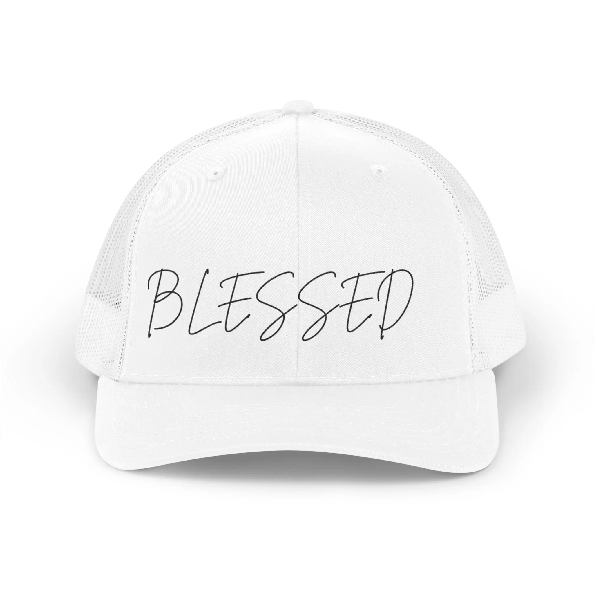 Blessed Script Trucker Hat - Unisex One-Size, Script Print, Ventilated Mesh Back Retro Cap for Casual Wear