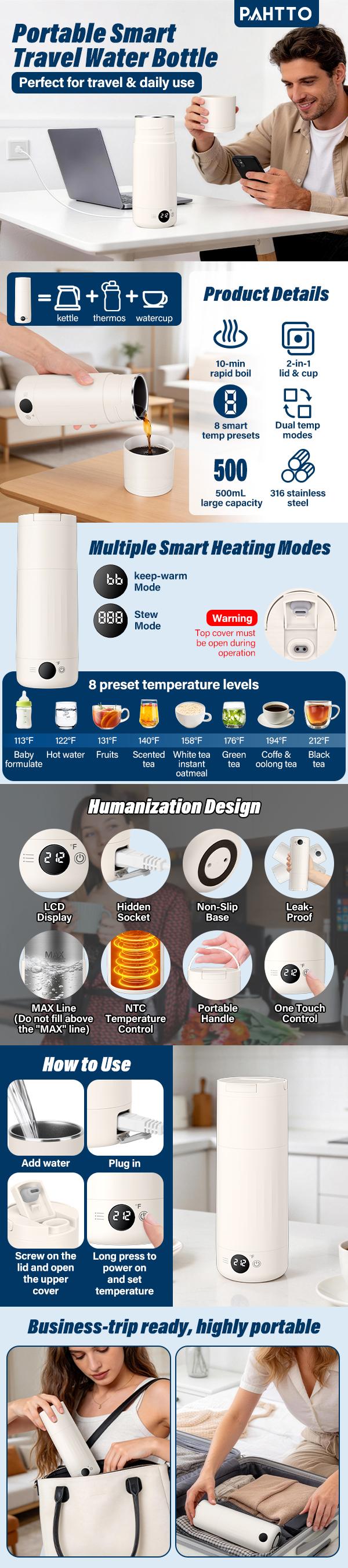 Portable Electric Kettle for Travel, 316 Stainless Steel Kettle, Hot Water Boiler with 2-In-1 Lid & Cup, 500ML Travel Tea Kettle with 8 Temperature Control, Auto Shut-Off & Boil Dry Protection Portable Electric Kettle for Travel, 316 Stainless Steel Kettle, Hot Water Boiler with 2-In-1 Lid & Cup, 500ML Travel Tea Kettle with 8 Temperature Control, Auto Shut-Off & Boil Dry Protection