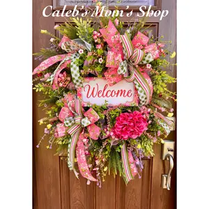 Spring Welcome Wreath – Pink & Green Floral Front Door Decor for Easter and Everyday
