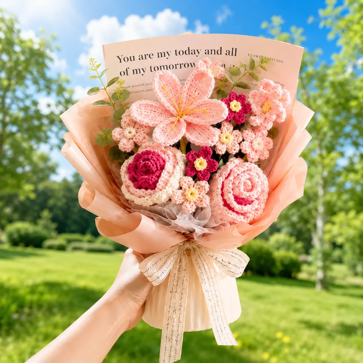 Handmade Crochet Flower Bouquet, 1-Count Artificial Knitted Yarn Flower Bouquet for Birthday Gifts, Home Decor and Party Decor, Fruit Decorative Bouquet, Artificial Flower Decoration, Crochet Flowers Bouquet,Everlasting Blossom Knitted Simulation Bun