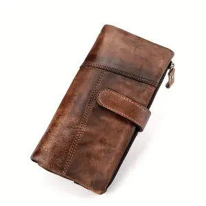 RFID-Blocking Genuine Leather Wallet for Men & Women - Rubbed Cowhide Spliced Long-Style Design with Multiple Card Slots, Coffee Brown Casual Multi-Functional Organizer, Vintage Wallet, Everyday Accessory, Classic Elegance, Textured Finish