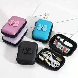 Cute Bow Decor Portable Storage Bag for Earbuds, Cables, USB & Memory Devices - Shockproof Durable Zipper Pouch, Hard Shell Organizer for Small Tech Accessories with Charging Protection