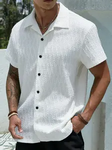 Men's Knitted Jacquard Texture Short Sleeve Button Up Shirt, Soft Breathable Casual Top for Summer Beach Daily Wear, Fitted Long Plain Style