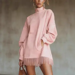 Turtleneck Suede Vintage Loose Pocket Tassel Long Sleeve Dress