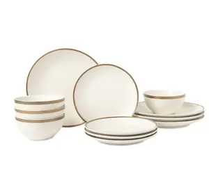 12-Piece Stoneware White Dinnerware Set, CREAM- GOLD