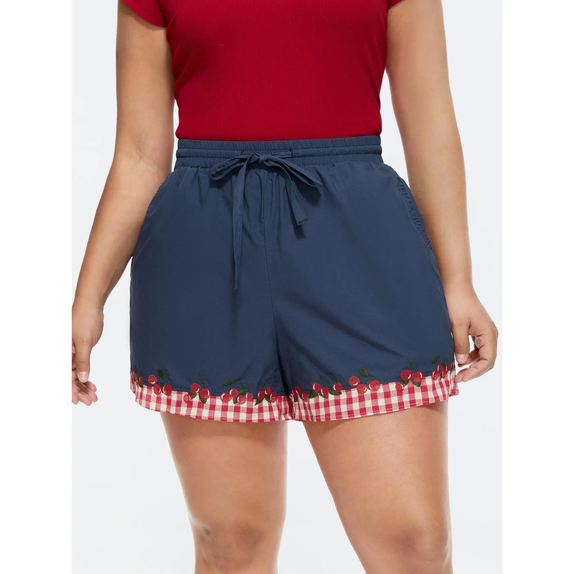 BloomChic Women's Plus Size Plaid 100% Cotton Shorts | Casual Mid Rise Curvy Fit Bottom with Embroidery and Pockets, Pocket