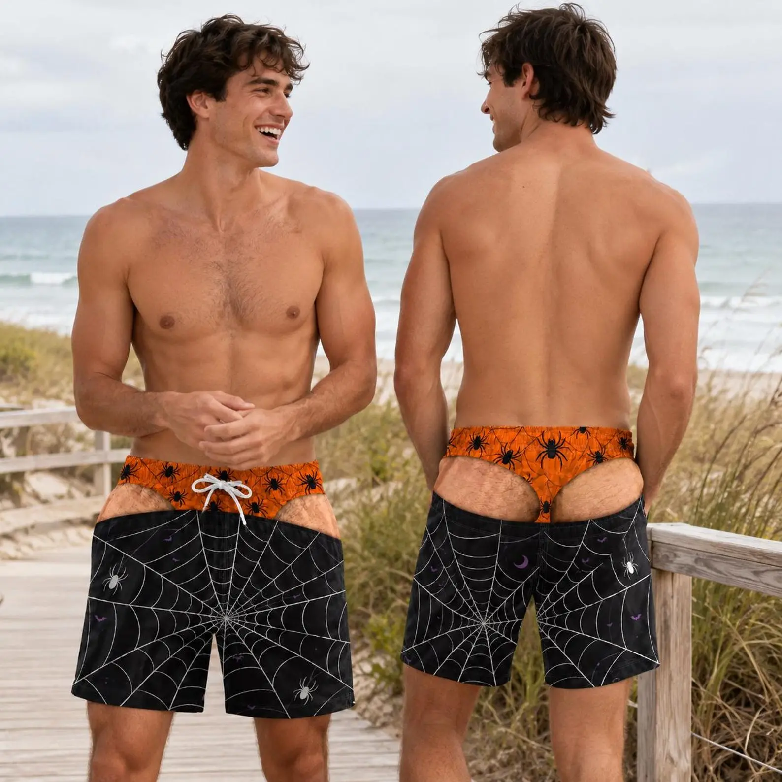 Halloween Sp55der Web Men's Swim Trunks, Custom Funny Board Shorts, Cheeky Novelty Swimwear, Spooky Beach Outfit, Personalized Summer Bathing Suit, Halloween Gift for Him