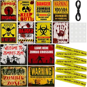 12 Pieces Halloween Zombie Beware Sign Set Halloween Haunted House Props Caution Tape Creepy Zombie Decoration