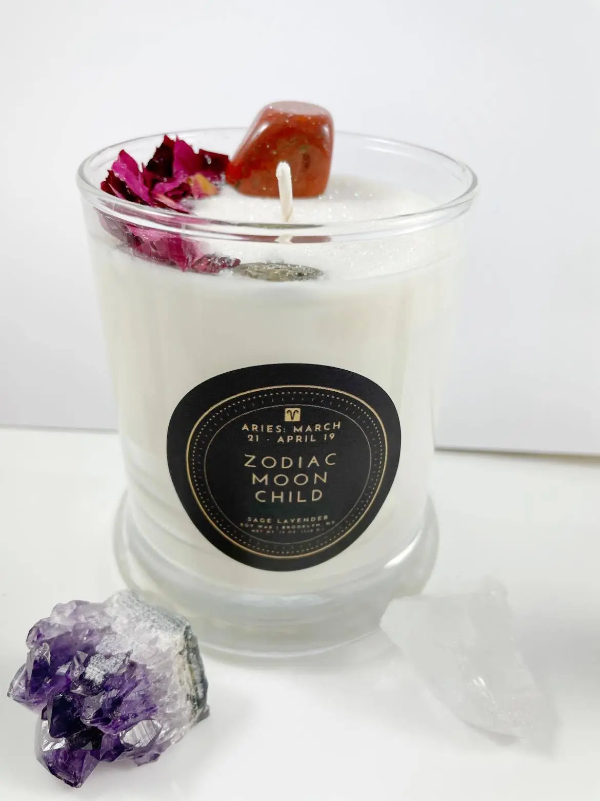 Aries Lavender Sage Crystal Candle - 100% Natural Soy Wax with Red Agate Gemstone - 60-84 Hour Burn Time - Spiritual Crystal Collection - Round 12 oz