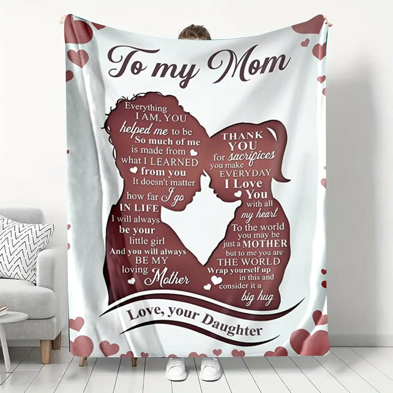 Letter & Mom & Daughter Pattern Blanket, Soft Warm Throw Gift for Mother, All Season Blanket, Breathable Comfortable Blanket, Comfy Bedding for Christ