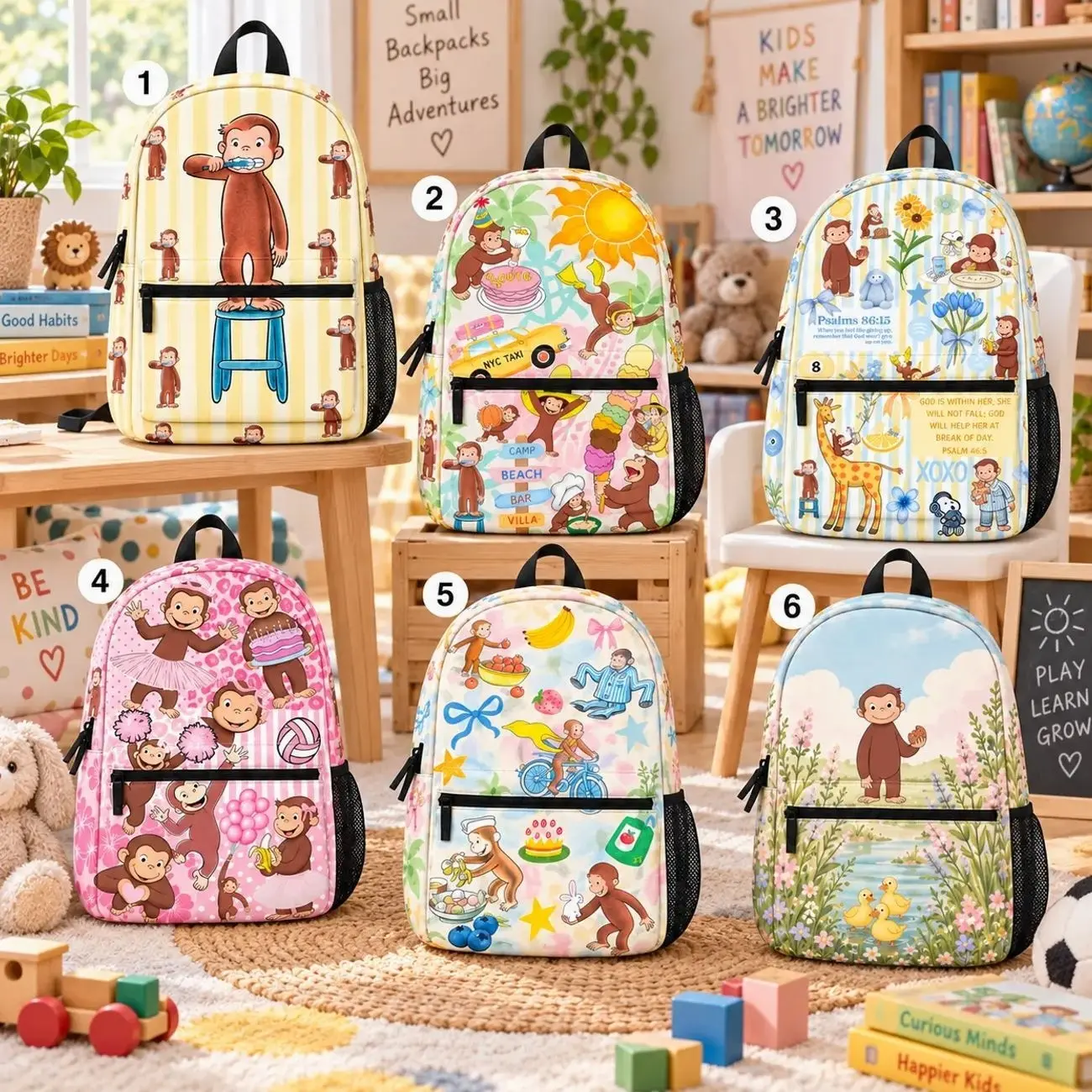 Playful Brown Curious George Monkey Backpack, Cartoon Adventure School Bag, Pastel Animal Bookbag, Cute Preschool Backpack, Back to School Gift