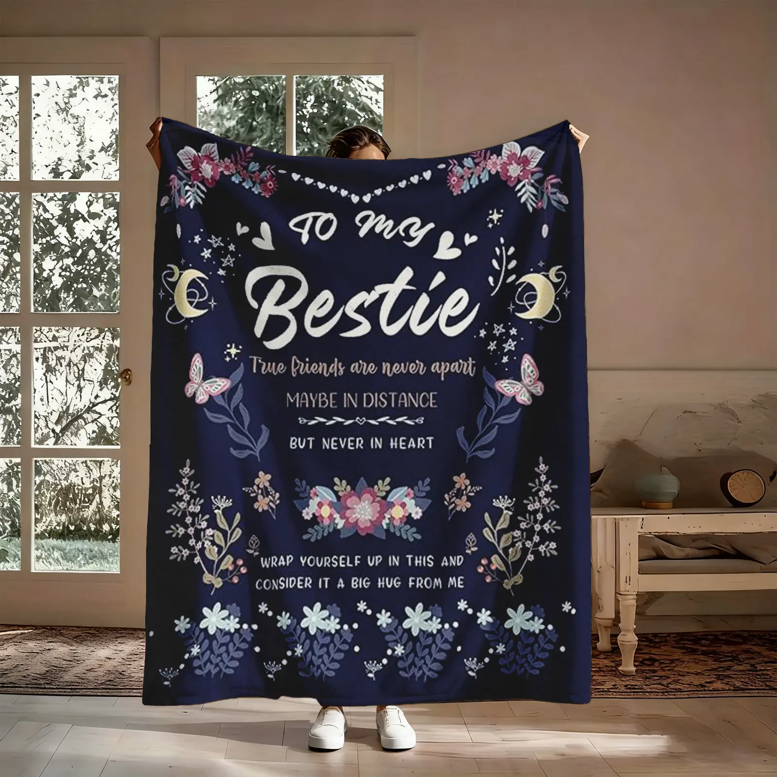Best Friend Blanket Gift, To My Bestie True Friends Never Apart Big Hug Flannel Throw, Soft Cozy Warm Nap Blanket for Bedroom Living Room Dorm, Sentimental Long Distance BFF Gift for Her Girlfriend, Christmas Birthday Holiday Present