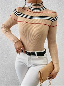 Vintage Slimming Striped High Neck Knit Sweater Womenswear, Color Block Design, Classic Style, Fitted Spring & Fall Fashion