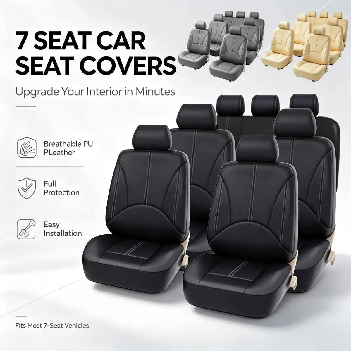 3 Row 7 Seater Car Seat Covers Full Set, Breathable Leather Automotive Seat Protectors, Waterproof Car Seat Cushion Universal Fit for 7 Seat Minivan MPV Vans Car Small SUV Sedan (No Pickup Truck)