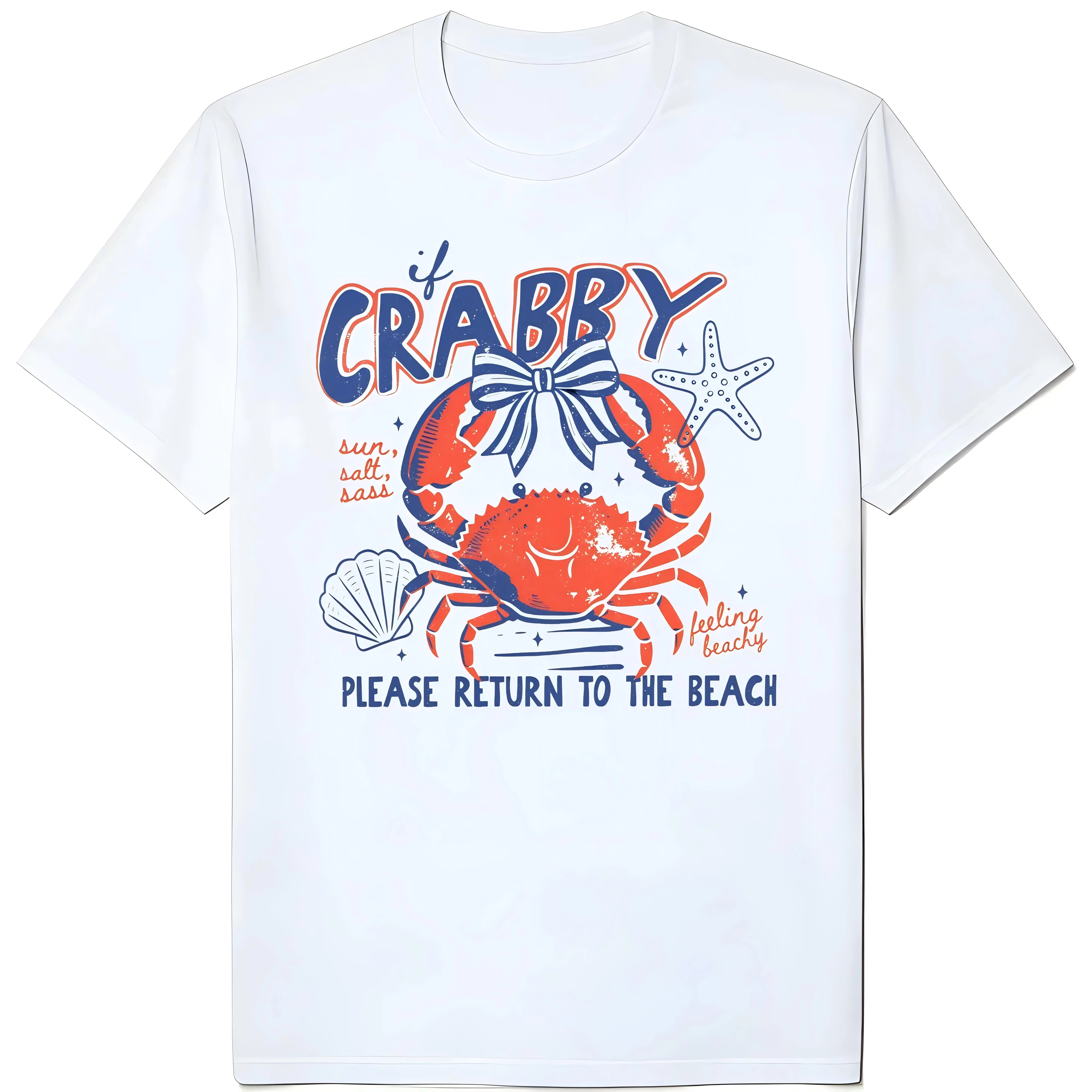 Women's Classic Ribbed Crew Neck Short-Sleeve Fitted Graphic "If Crabby" Sports Top - Comfortable Fabric, Streetwear Style, Everyday Casual Wear, Crab Print, 2Xl, Round Neck, Simple, Lady