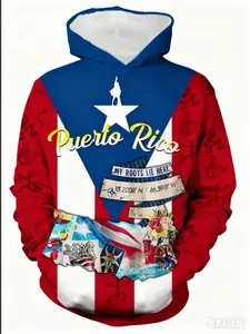 Men's Puerto Rico Flag Hoodie, Casual Fitted Pullover Sweatshirt, Drawstring Design, Loose Fit Outdoor Fitness Wear, Fall Winter Clothing