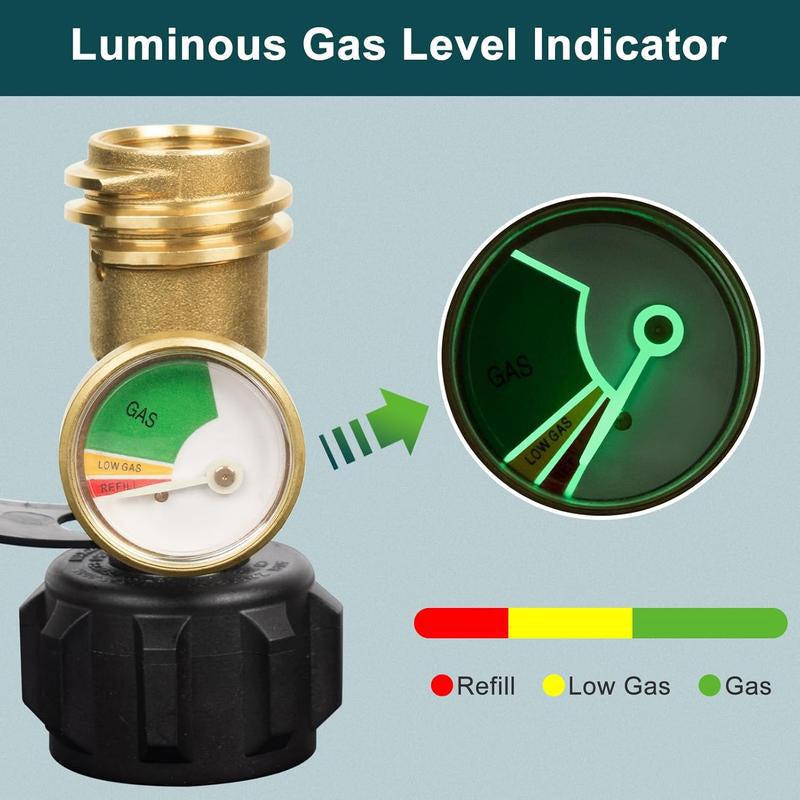 Propane Tank Level Indicator & QCC1 Adapter with Built-in Pressure Gauge – Solid Brass Gas Connector for 5–20lb Propane Tanks, BBQ Grill, Stove, Heater & Outdoor Use