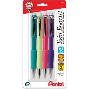 Pentel TwistErase III Mechanical Pencil, (0.7mm), Medium Line, Assorted Fashion Color Barrels, 4 (QE517FBP4M)