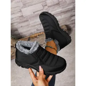 Women's Solid Color Faux Fur Lined Snow Boots, Casual Comfortable Warm Ankle Booties, Anti-Slip Winter Sports Shoes, Fall & Winter Footwear