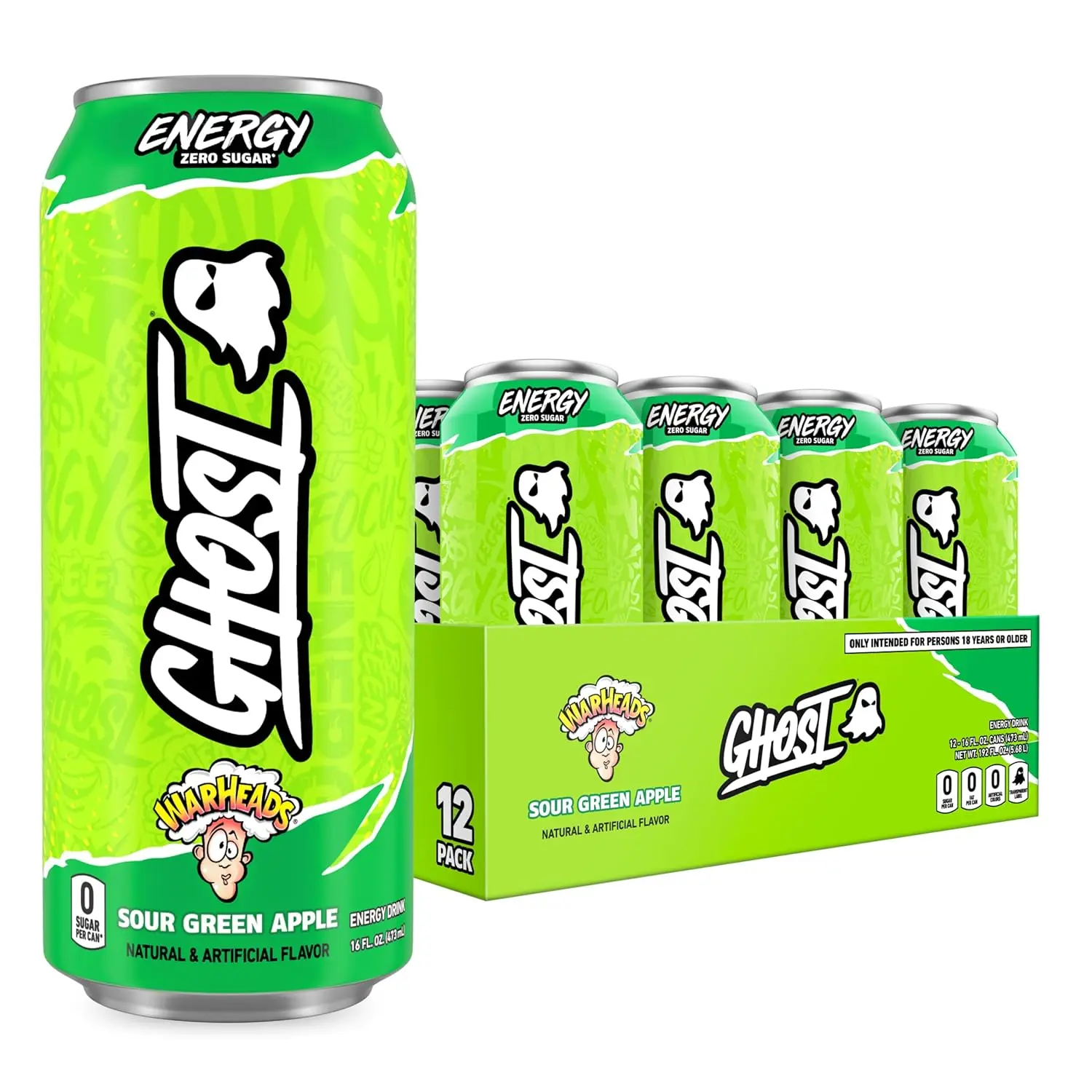 Warheads Sour Green Apple Energy Drink - 12-Pack, 16oz, 200mg Natural Caffeine, L-Carnitine, Taurine, Energy & Focus Support, No Artificial Colors, Gluten-Free, Vegan