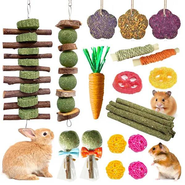 21-Pcs Natural Small Animal Chew & Treat Supplies - Sweet Bamboo, Timothy Grass, Wood Vines with Hang-On Hooks for Teeth Health, Stress Relief, Parrot & Guinea Pig Bonding