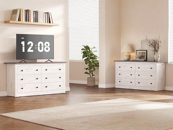 Farmhouse Wooden 6 Drawers Dresser for Bedroom, Vintage Wide Chest of Drawers for Living Room, Wood Storage Dressers Organizer Farmhouse Wooden 6 Drawers Dresser for Bedroom, Vintage Wide Chest of Drawers for Living Room, Wood Storage Dressers Organizer