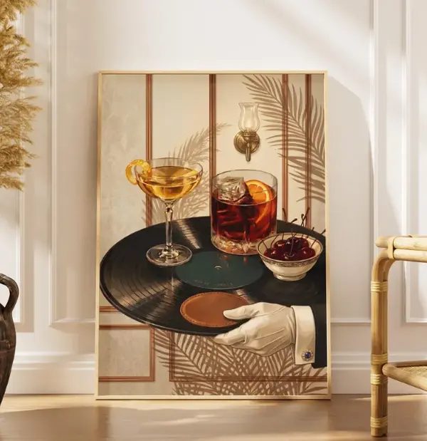 Cocktail Vinyl Record Art , Vintage Bar Cart Art, Retro Vinyl Poster , Old Fashioned Art , Music Decor [ NO FRAME ]