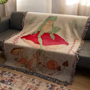 Frog Mushroom Pattern Bohemian Yarn Jacquard Woven Blanket with Tassel, Boho Blanket, Throw Blanket, Thick Soft Washable Blanket, Used for Home Decor Sofa Chair Bed Tapestry Tablecloth Floor Garden Picnic Outdoor Camping