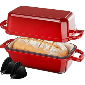 Enameled Cast Iron Dutch Oven for Sourdough Bread Baking, 8.5 x 4.5Inch Oval Cast Iron Bread Pan with Lid, 2PCS Dutch Oven for Homemade Sourdough Baking, Meatloaf Pan, Oven Safe, Red