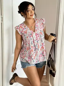 French Country Style V-Neck Floral Print Short Sleeve Top Blouse, Fly Sleeve Design, Perfect for Spring Summer, Everyday Casual Dating and Shopping