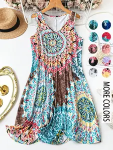 Plus Size Women's All over Print Vest Dress, Basic Tank Dress, Perfect for Vacation and Home Use, Comfortable and Stylish