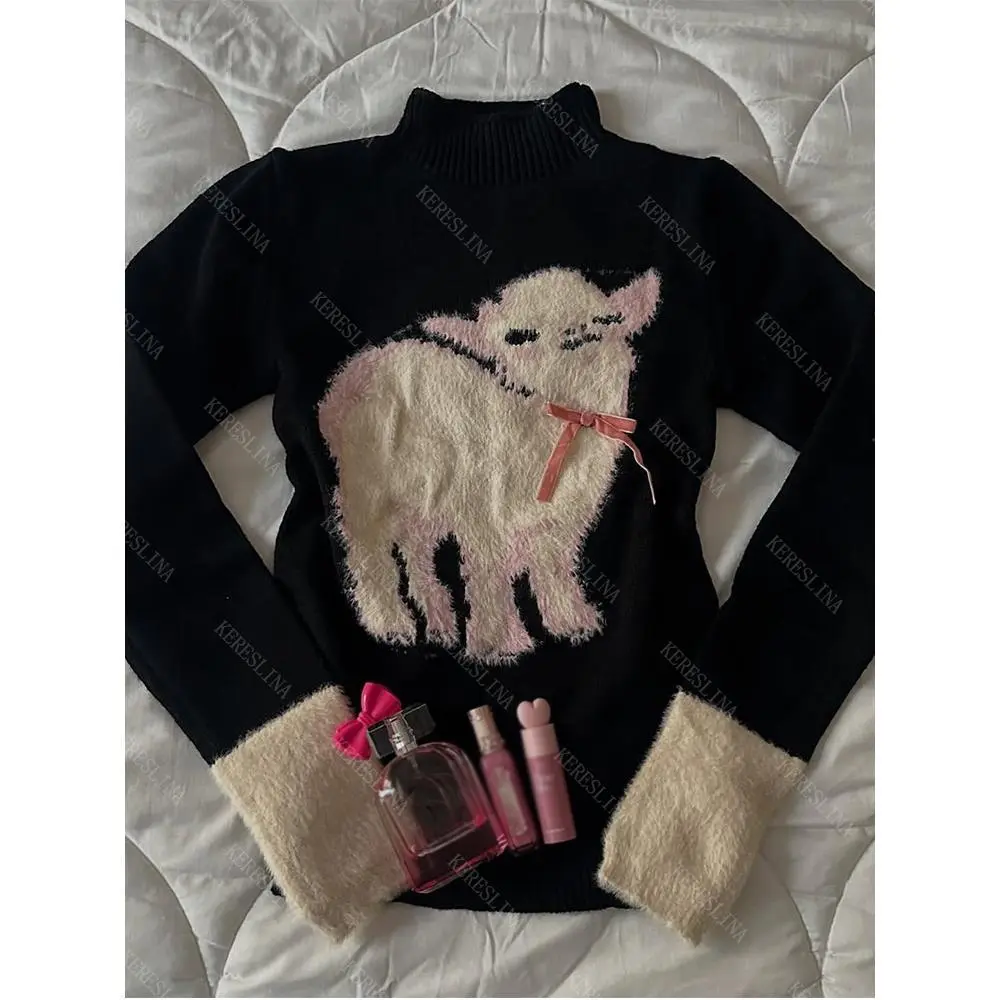 Retro kawaii sheep pattern autumn and winter women's sweater Y2K casual street 2000s aesthetic cute hip-hop fashion Harajuku top