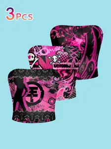3-Pack Sweet Cool Skull Tube Top, Sexy Short Slim Fit Vest, Y2K Millennium Style Inner Outer Wear, Subculture Trendy Shirt