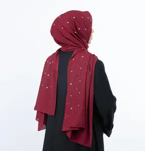 Grid Patterned Chiffon with Rhinestone Shawl Hijab - Maroon