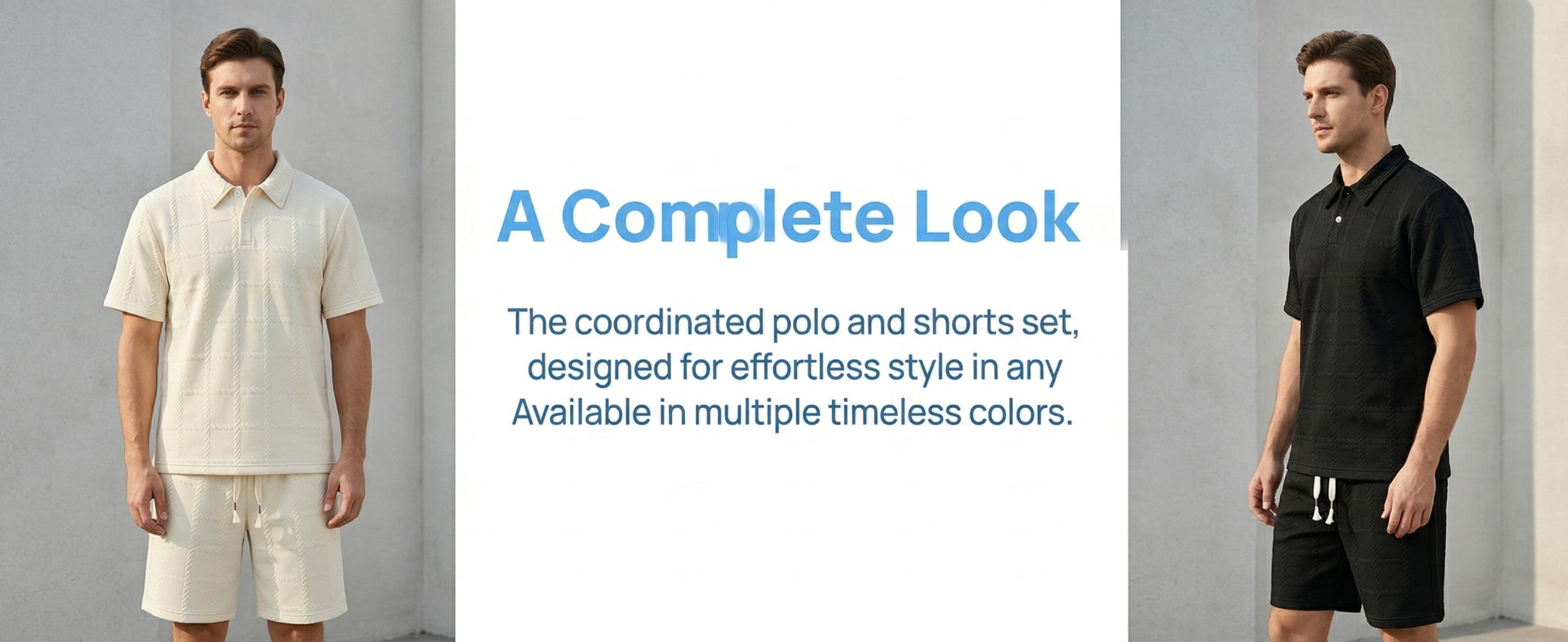 Men's 2 Piece Loungewear Set, Textured Polo Shirt & Shorts for Home & Streetwear