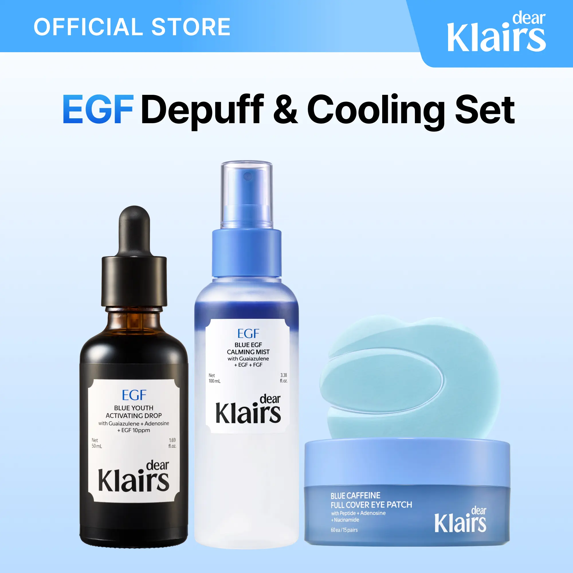 [Dear Klairs Official] EGF Depuff & Cooling Set | Blue Youth Activating Drop + Blue EGF Calming Mist + Blue Caffeine Full Cover Eye Patch | EGF Morning care, Korean Skincare